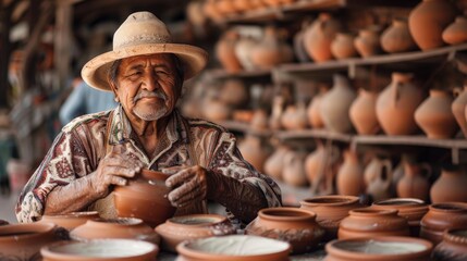 A Mexican artisan crafting pottery in a workshop.