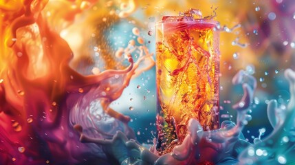 The image shows an orange drink in a glass. The glass is surrounded by a colorful liquid.