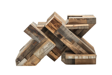 A reclaimed wood sculpture in the form of an abstract geometric shape, highlighting the versatility and transformative nature of repurposed wood, isolated on a white background