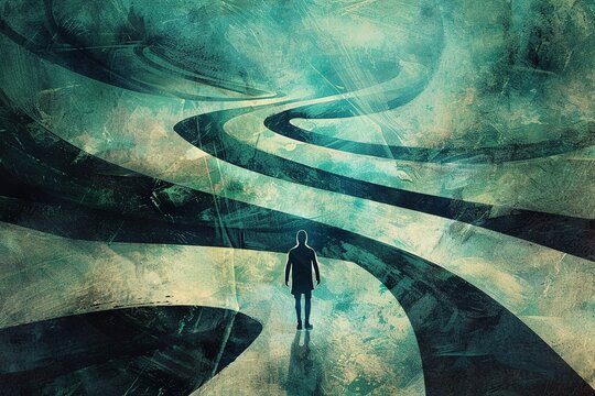 An illustration of a figure walking on a path that splits into multiple directions, symbolizing life choices and aspirations
