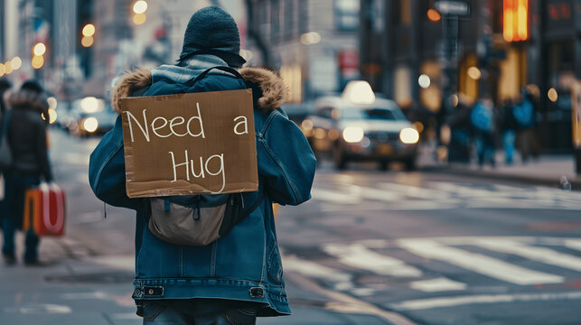 A Panhandler Beggar on a street intersection with a sign that says, "Need a Hug"