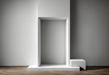 'exhibition pedestal White empty niche wall poduim showcase display window shelf store shop light front retail fashion interior background blank new market department nobody business commercial'