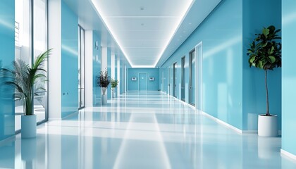 The image shows a long, brightly lit hospital corridor with blue walls and white floors.