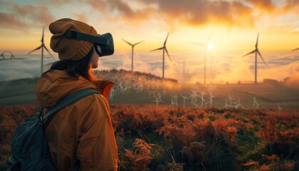 The image shows a man standing in a field of wind turbines. He is wearing a virtual reality headset and looking at the turbines. The sun is setting in the background.