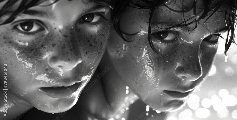 Poster siblings sit side by side sweat dripping down their brows as they catch up on each others lives..