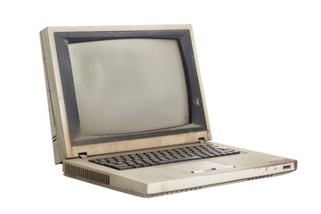 A vintage-style laptop with a slightly worn exterior and a cathode ray tube (CRT) display showing a blank screen, set against a clean white background.