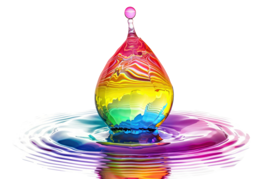 A vibrant water droplet bursting with color, reflecting the spectrum of light like a tiny prism. ,Isolated on white background