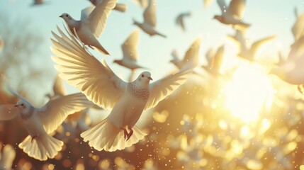 A collection of white birds soar gracefully through the vast expanse of a clear blue sky, their...