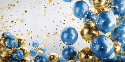 3d blue and gold balloons with confetti on light background