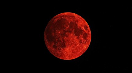 A blood red moon hangs low in the sky over a dark mountain range and body of water, casting a red glow on the landscape.

