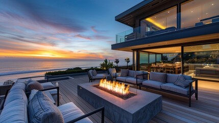 The expansive outdoor deck is the perfect place to gather around the sleek firepit roasting marshmallows and taking in the ocean breeze. 2d flat cartoon.