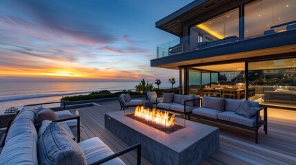 Fototapeta premium The expansive outdoor deck is the perfect place to gather around the sleek firepit roasting marshmallows and taking in the ocean breeze. 2d flat cartoon.
