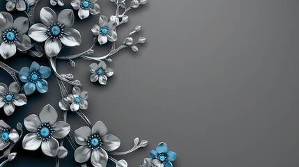 A blue textured background with silver 3D flowers and leaves

