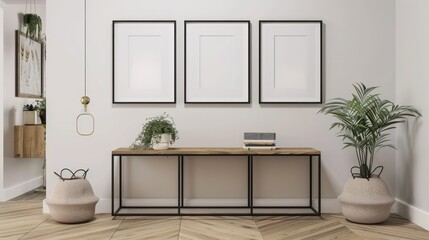 Modern minimalist house interior, with minimalist table furniture, and minimalist white wall poster frame decoration. Potted plant interior decoration.