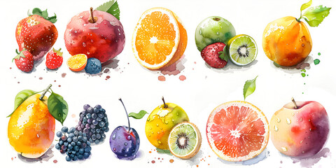 Watercolor fruits juicy and colorful fruit on white background including apple strawberry orange