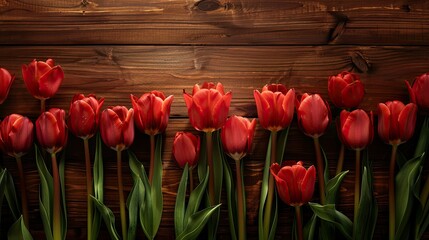An eye catching banner idea featuring a stunning arrangement of vibrant red tulips set against a backdrop of soft lighting and rich wooden textures complete with ample space for customized 