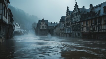Historic European Town Devastated by Flood, Ancient Buildings Partially Submerged - obrazy, fototapety, plakaty