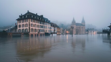 Historic European Town Devastated by Flood, Ancient Buildings Partially Submerged