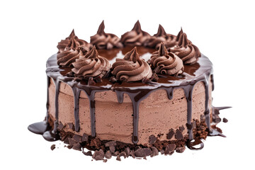 Fluffy Chocolate Cake Decorate with chocolate cream. Topped with chocolate sauce isolated on white background.