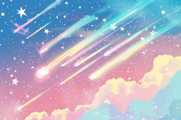 An illustration of a series of meteors and stars decreasing in size, all in different pastel colors