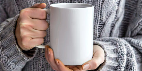 mockup of a woman's hand holding a blank white coffee mug, generative AI