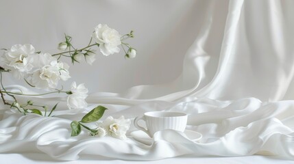 Feminine Still Life on White Silk Background with Text Space