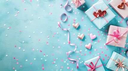 Celebrate Valentine s Day with a charming backdrop of gifts and confetti scattered on a soft pastel blue surface capturing the essence of the holiday This flat lay presentation seen from a 