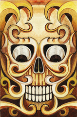 Skull tattoo hand watercolor painitng on paper.