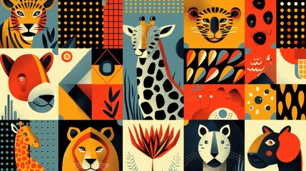 Retro wild animals. Seamless vector pattern with colorful geometric shapes.