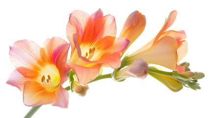 Fototapeta premium Pile of Fresh yellow freesia flowers with buds isolated on white background ,Bouquet of yellow red tulips, it is isolated on white