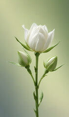 A delicate white flower and a green bud on slender stems against a soft gradient background