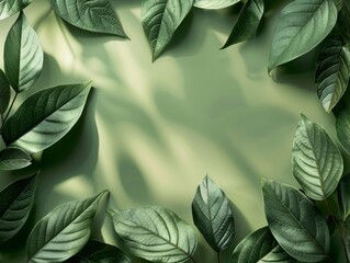 Green leaves on a green background. The leaves are arranged in a circle.