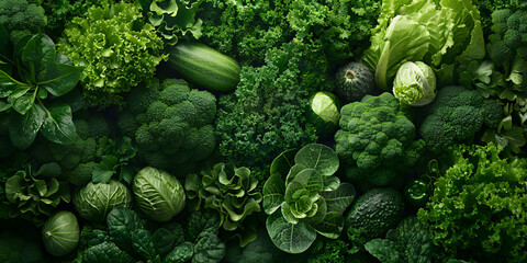 Variety of green vegetables and herbs top view Flat lay composition with copy space