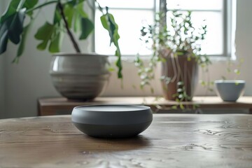 sleek gray wireless bluetooth speaker floating in minimalist setting