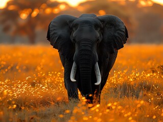 Elephant at Dusk in Golden Savannah