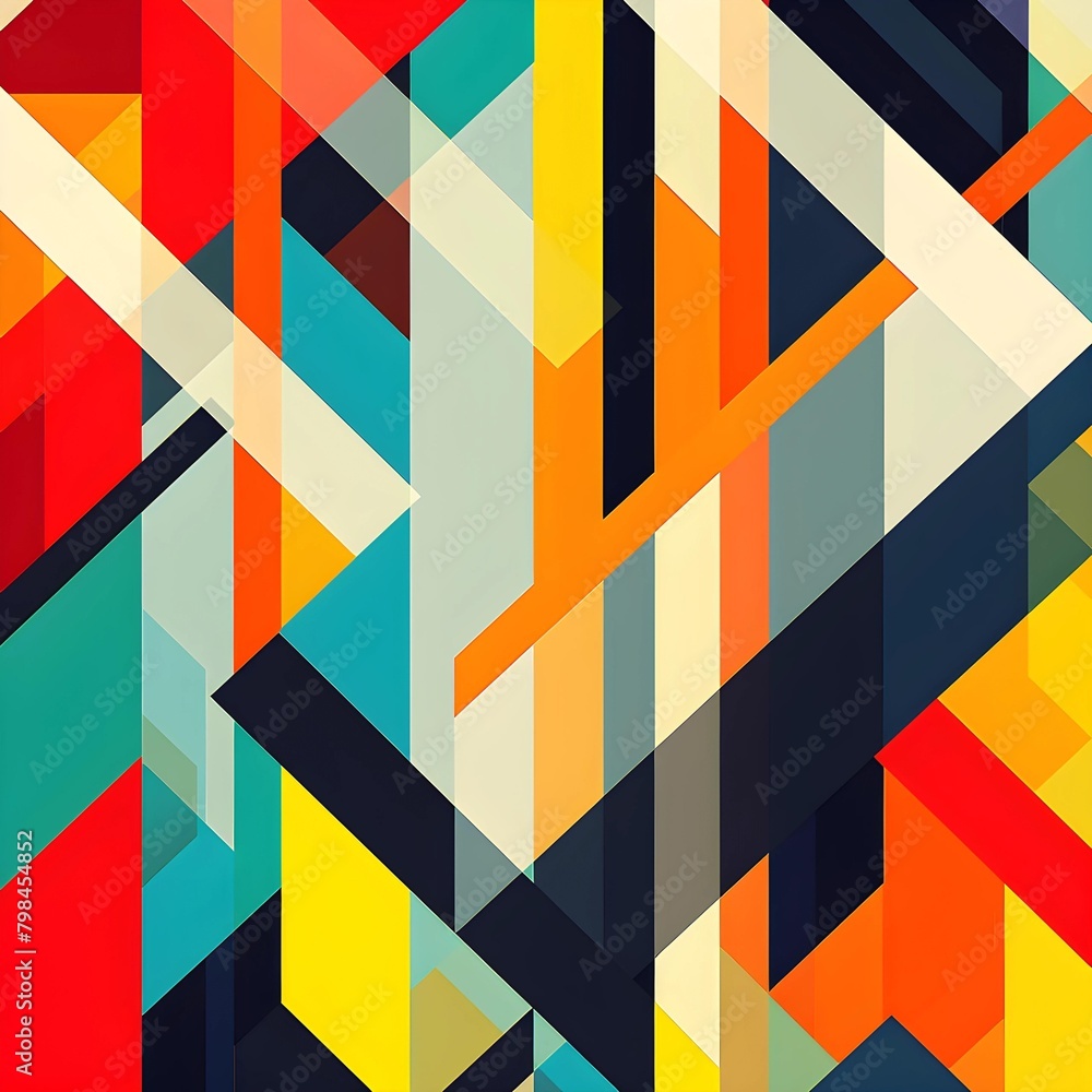 Poster An intricate and colorful geometric composition that uses sharp angles and intersecting lines to create a visually engaging piece.