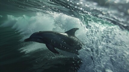 Naklejka premium A dolphin gracefully swims through the clear blue waters of the ocean, its sleek body cutting effortlessly through the waves.