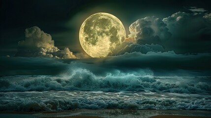 A full moon is rising over the ocean. The waves are gently crashing on the shore. The sky is dark and there are some clouds in the sky.

