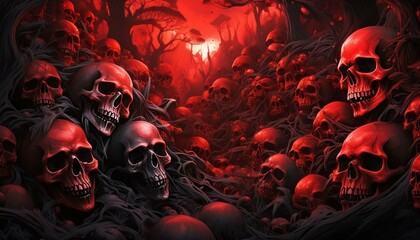 赤と黒の不気味な沢山の髑髏が落ちている地獄の背景イラスト - obrazy, fototapety, plakaty