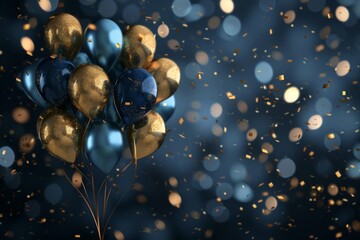 3d illustration of balloons with gold and blue color on dark background