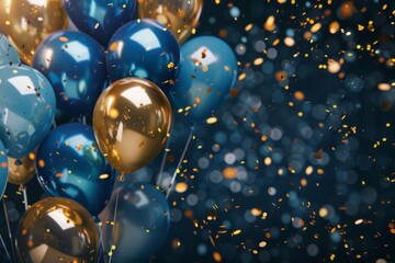 3d illustration of balloons with gold and blue color on dark background - obrazy, fototapety, plakaty
