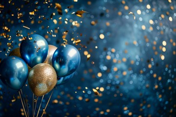 3d illustration of balloons with gold and blue color on dark background - obrazy, fototapety, plakaty