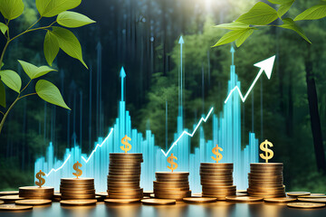 Business chart with arrow pointing upwards, growth coins stacing, and trees  illustrating financial growth - obrazy, fototapety, plakaty