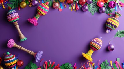 A vibrant purple background adorned with whimsical maracas and a festive Mexican garland leaving room for personalized text