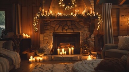 The mantle above the fireplace is decorated with flickering candles and a simple garland of dried flowers adding a touch of rustic charm to the room. 2d flat cartoon.
