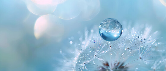 A close-up macro shot of a solitary water droplet suspended on a delicate dandelion seed, with a soft blurred background accentuating the subject's simplicity and detail through depth of field.