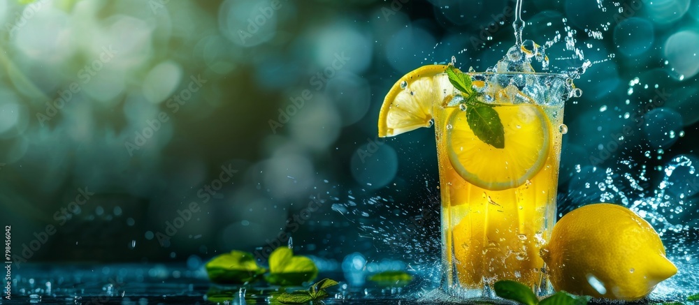 Poster a refreshing glass holding lemonade with a citrus slice perched on the edge, adding a zesty touch