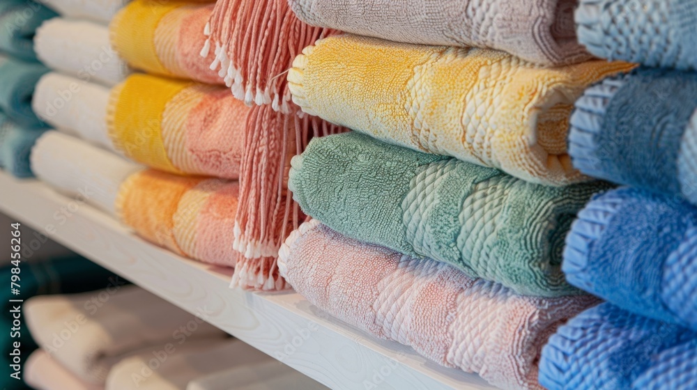 Poster colorful turkish towels neatly folded on a shelf adding a pop of vibrancy to the serene spa setting.