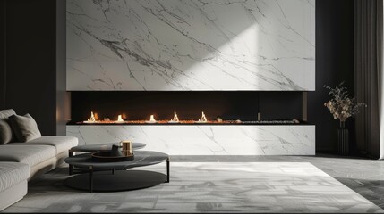 The marble hearth and surround are seamlessly integrated into the wall giving the fireplace a clean and seamless look that complements the modern design of the room. 2d flat cartoon.