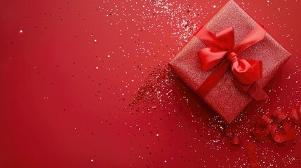 A captivating top down shot captures the shimmering sequins and handmade craft paper gift box adorned with a red ribbon bow all set against a vibrant red backdrop creating the perfect Valen